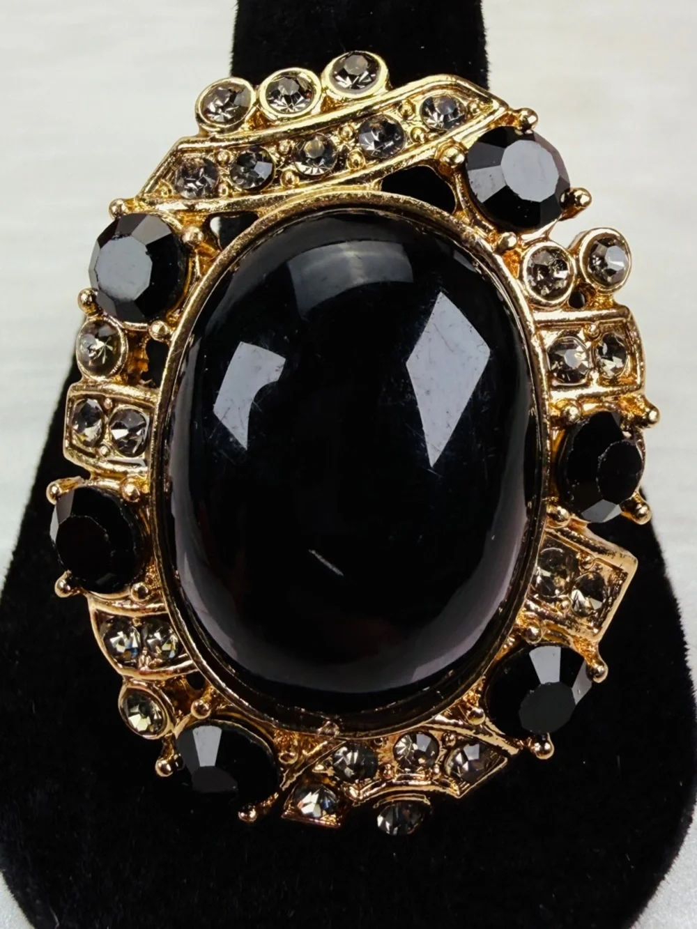 Goldtone, black bling, size 9 statement ring
